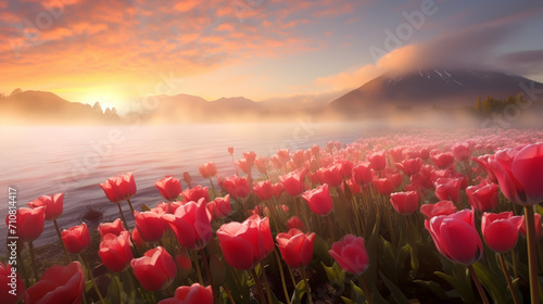 Colourful tulips at sunrise on a beautiful foggy morning. #710814417
