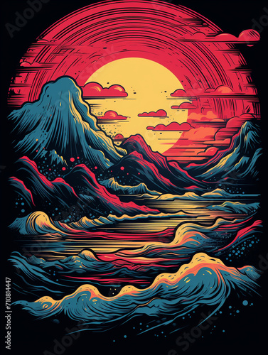 t-shirt design, the sunset shows mountains and a river in a blue and red colored t shirt created with Generative Ai © Andrii Yablonskyi