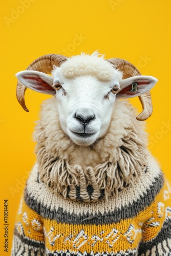 Fluffy sheep in traditional Icelandic sweater