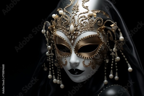 A carnival mask enhanced by pearl embellishments, creating an elegant contrast against a black background