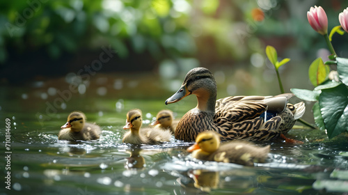 duck and ducklings, a delightful scene of a family of ducks swimming peacefully in a backyard pond