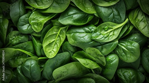  a pile of green spinach leaves with drops of water on the tops of the leaves and the tops of the leaves.