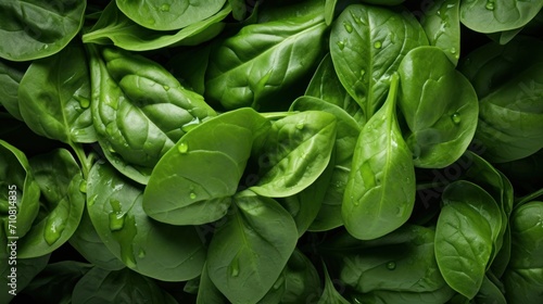  a close up of a bunch of green leaves with drops of water on the leaves of the spinach plant.