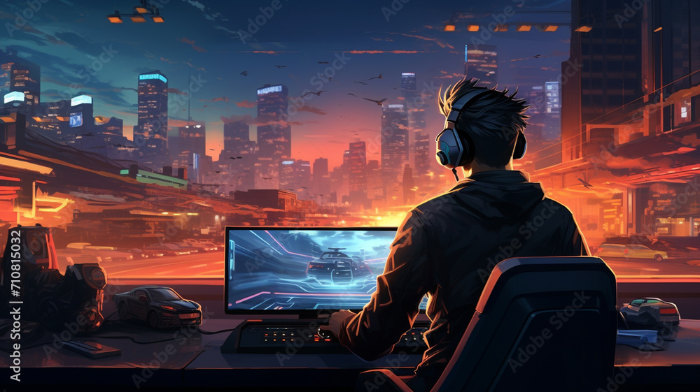 gamer game with video game on computer in dark room. neon light. vector illustration. - obrazy, fototapety, plakaty 