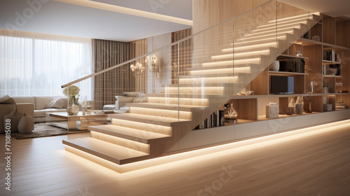 A contemporary light wood staircase with glass sides, softly illuminated by LED strips under the handrails, in a spacious, airy living area.