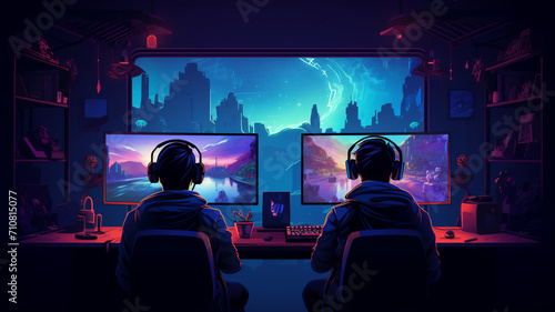 gamer game with video game on computer in dark room. neon light. vector illustration.