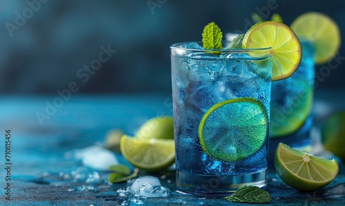 Blue background with blue transparent drink with ice.