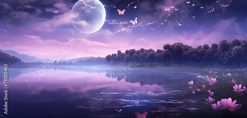 Lavender butterfly with celestial motifs, dancing in the glow of a full moon over a calm lake, creating a magical and tranquil reflection on the water.