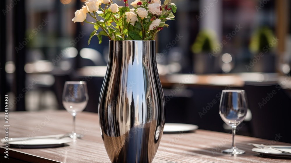  a vase filled with flowers sitting on top of a wooden table next to two wine glasses and a wine glass.