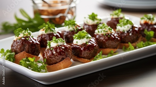  a white plate topped with mini meatballs covered in sauce and garnished with green leafy garnish.