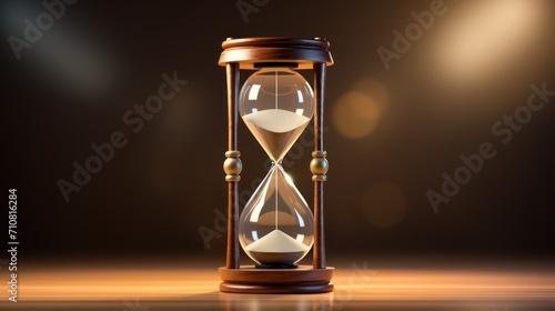  an hourglass with sand running through it on a wooden table in front of a dark background with boke lights.