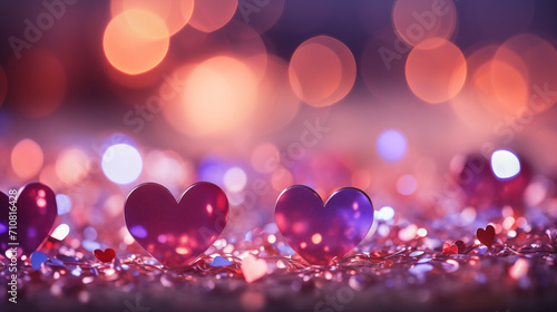 Beautiful abstract background with hearts, lights, sparkles and bokeh. Valentine's Day card. Heart shaped bokeh Valentines background