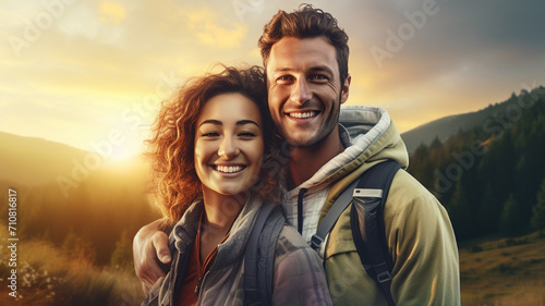 young beautiful couple in autumn mountains