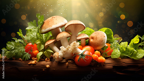 A visual symphony of various mushroom species harmoniously growing together in a pristine forest, highlighting the coexistence of diverse fungi
