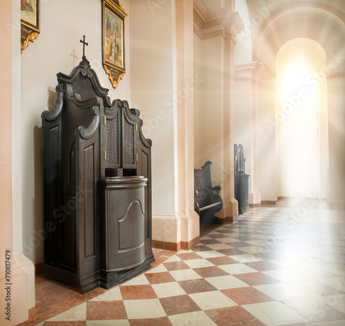 Berdichev, Ukraine. 2023. Cathedral of the Discalced Carmelites. Сonfessional cabinet photo