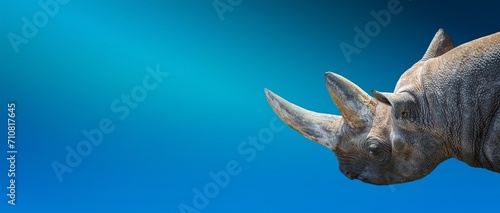Banner with portrait of huge African rhino with a big horn at blue gradient background with copy space for text, closeup, details..