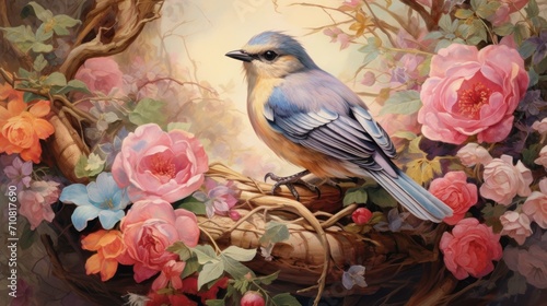  a painting of a blue bird sitting on top of a nest surrounded by pink and white flowers and leaves on a tree. © Olga