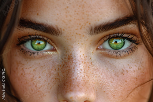 Beautiful redhead girl with greeen eye. AI generated photo