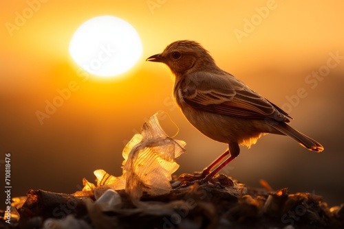 A bird surrounded by plastic debris photo