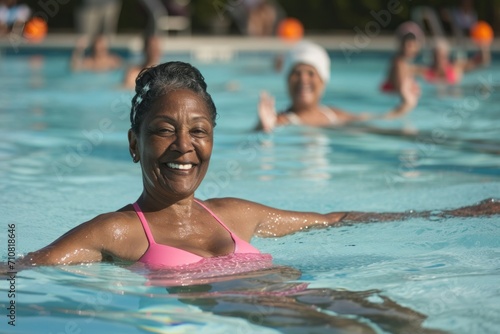 Smiling african american senior woman doing aqua fitness. Happy mature healthy woman taking fitness classes in aqua aerobics. Healthy old woman doing aqua gym © evgenia_lo