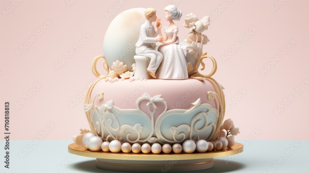 a wedding cake with a figurine of a bride and groom sitting on top of it on a plate. a wedding cake with a figurine of a bride and groom sitting on top of it on a plate.