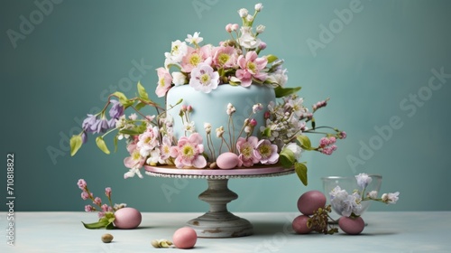  a cake sitting on top of a cake plate covered in pink and white flowers next to a glass of wine.