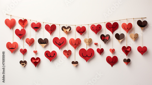 Red hearts on rope with clothespins. Place for text, copy space.