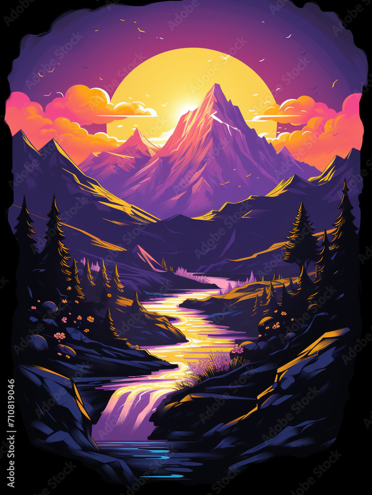 t-shirt design, color and mountain range artwork in the style of light orange and purple created with Generative Ai