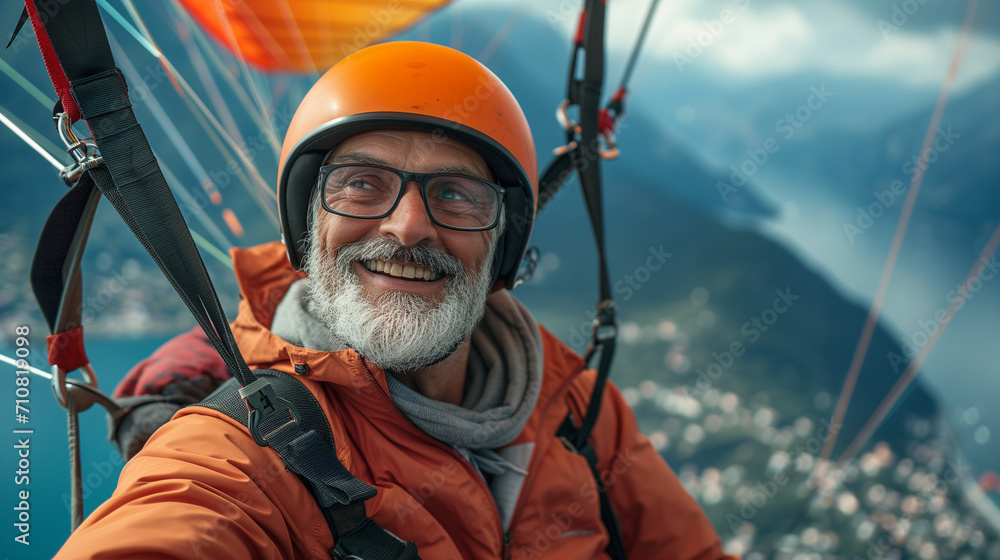 Senior man hang gliding