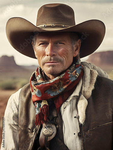 Young beefy muscled cowboy in cowboy hat, looking at the camera, defined muscles, flexing, smiling, standing on a prerie with mountains on the horizon