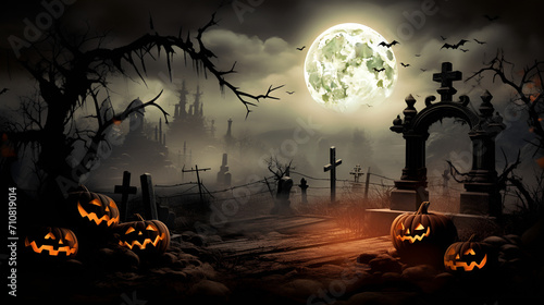 Halloween background with full moon and full moon, illustration,Cemetery on Halloween night with evil pumpkins, bats, haunted castle and the full moon

