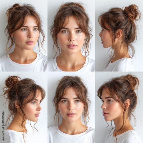 brazilian beauty: 18yo woman character sheet with 6 expressions