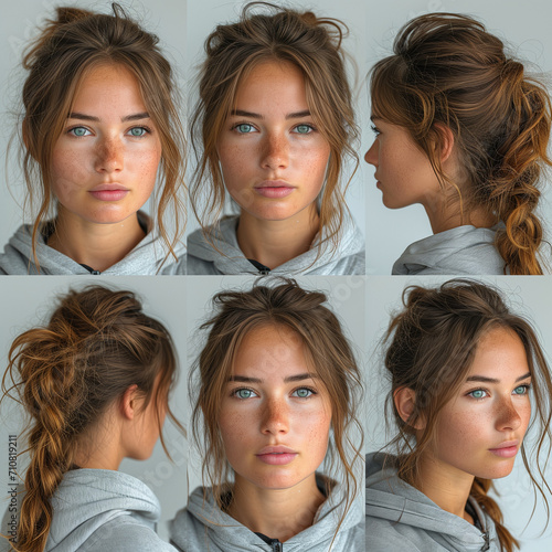 real beauty - 18yo russian girl character sheet with 6 expressions, various angles