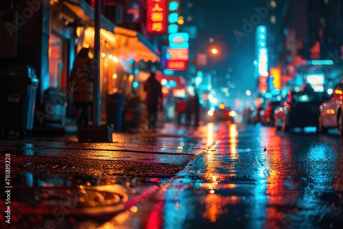 Rainy night cityscape with illuminated signs and reflections