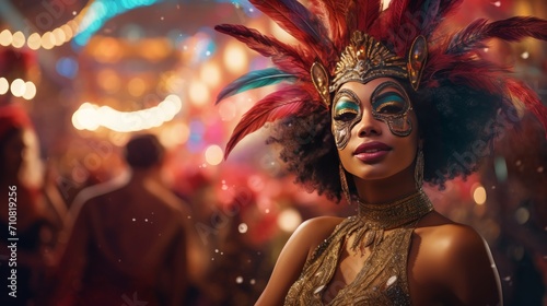 Brazilian beautiful woman with carnival mask dancing at the carnival