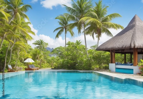 Stunning landscape  swimming pool blue sky with clouds. Tropical resort hotel in Maldives. Fantastic relax and peaceful vibes  chairs  loungers under umbrella and palm leaves. Luxury travel vacation 
