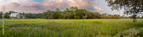 Wide panorama of the coastal salt marsh and forest with houses along the coast of South Carolina