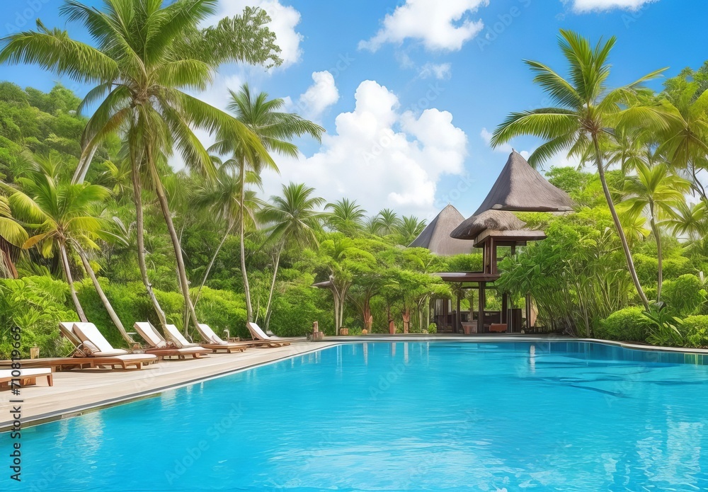 Stunning landscape, swimming pool blue sky with clouds. Tropical resort hotel in Maldives. Fantastic relax and peaceful vibes, chairs, loungers under umbrella and palm leaves. Luxury travel vacation
Stunning landscape, swimming pool blue sky with clouds. Tropical resort hotel in Maldives. Fantastic relax and peaceful vibes, chairs, loungers under umbrella and palm leaves. Luxury travel vacation