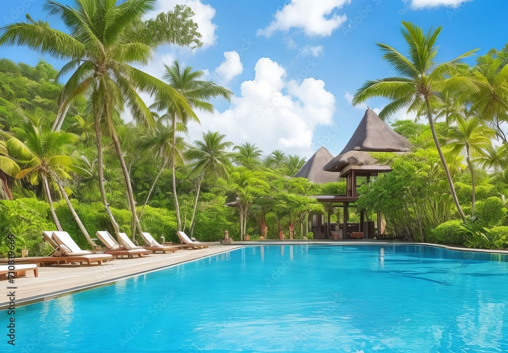 Stunning landscape, swimming pool blue sky with clouds. Tropical resort hotel in Maldives. Fantastic relax and peaceful vibes, chairs, loungers under umbrella and palm leaves. Luxury travel vacation
