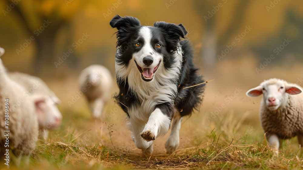  an energetic and agile border collie herding sheep, showcasing its intelligence and herding instincts