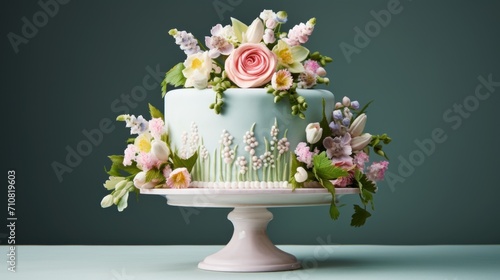  a cake decorated with flowers and greenery on a white cake platter on a blue table with a green background.