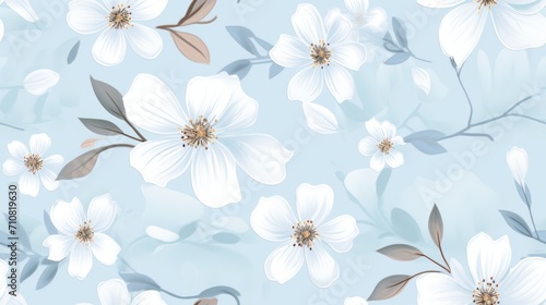  a blue and white floral wallpaper with white flowers and leaves on a light blue background with a light blue background.