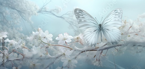 Pearl-white butterfly with delicate lace-like wings, dancing in the gentle breeze above a field of snow-covered flowers, creating a serene winter scene.