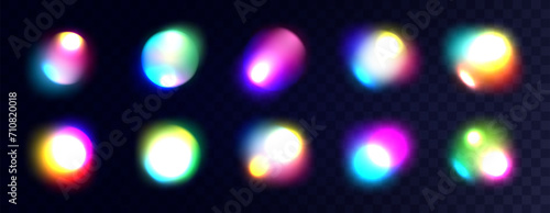 Neon blurred gradient shapes, colorful holographic light blur effect, bright glowing circles. Vibrant blurry abstract fluid gradients on dark isolated background. Vector illustration