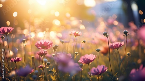  a field full of pink flowers with the sun shining through the trees in the backgrounnd of the photo.