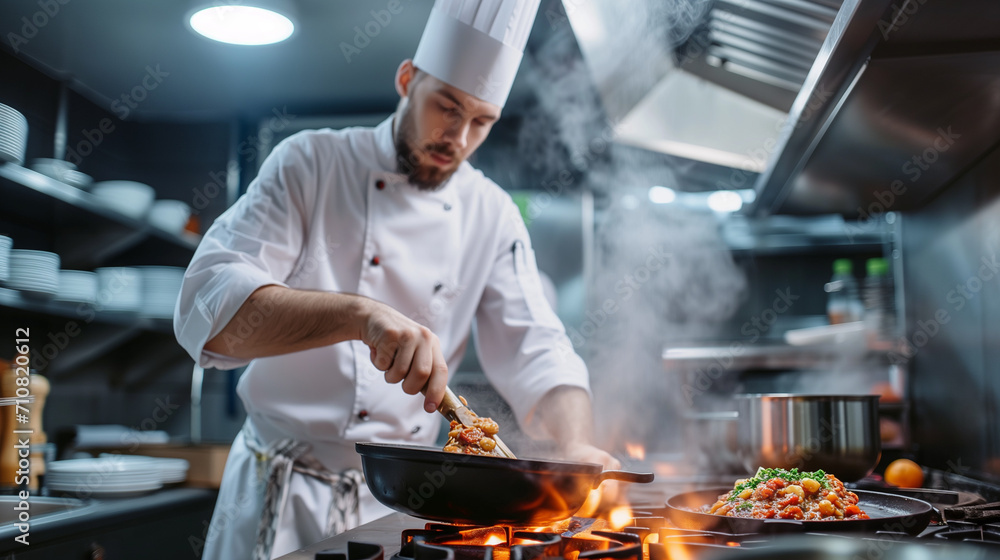 A chef cooking in a restaurant kitchen, frying in a skillet in front of a fire. A chef cooking in a restaurant kitchen, frying in a skillet in front of a fire.