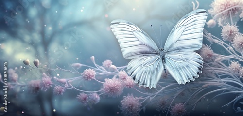 Pearl-white butterfly with delicate lace-like wings, dancing in the gentle breeze above a field of snow-covered flowers, creating a serene winter scene. © Haani