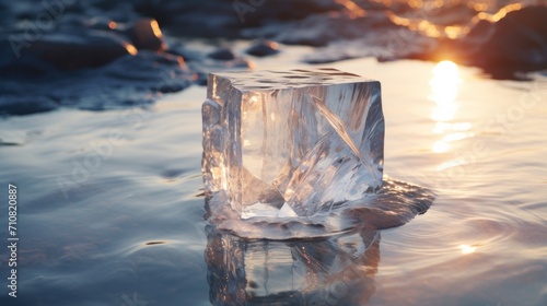  an ice block floating on top of a body of water with the sun shining through the clouds in the background.
