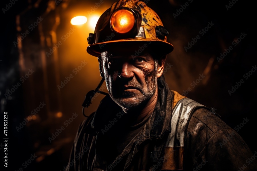 A coal miner working in a coal mine, with a headlamp, portrait