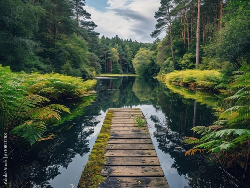 Wooden jetty on a lake in the middle of a forest